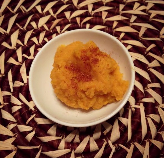 Mashed Sweet Potatoes on a gorgeous handmade Colombian trivet from  future inlaws, the Gomez Bridge family.